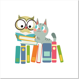 cat and owl reading book Posters and Art